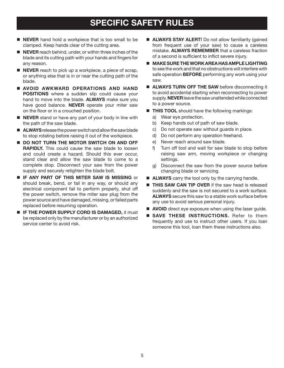 Specific safety rules | Ryobi TS1141 User Manual | Page 5 / 32