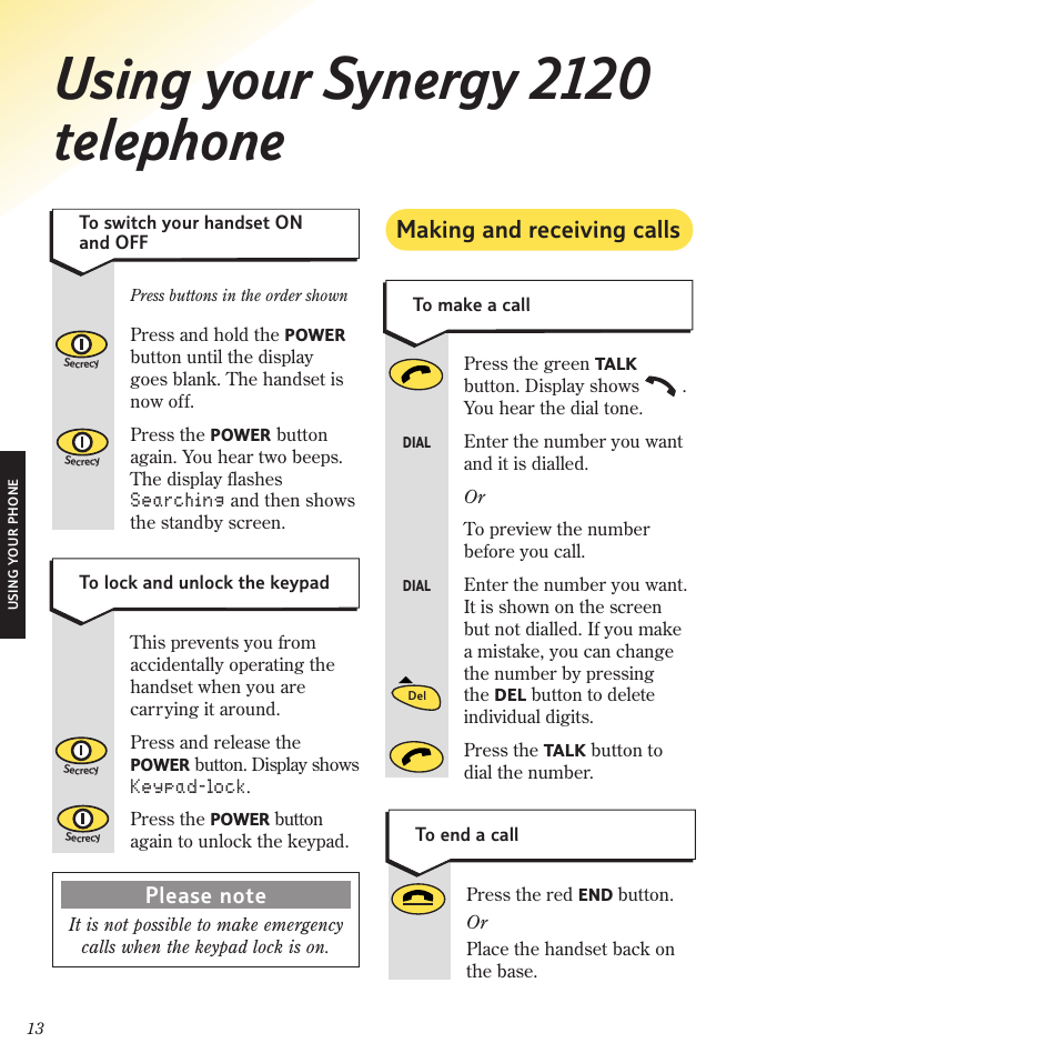 Using your synergy 2120 telephone, Making and receiving calls | BT 2120 User Manual | Page 15 / 45