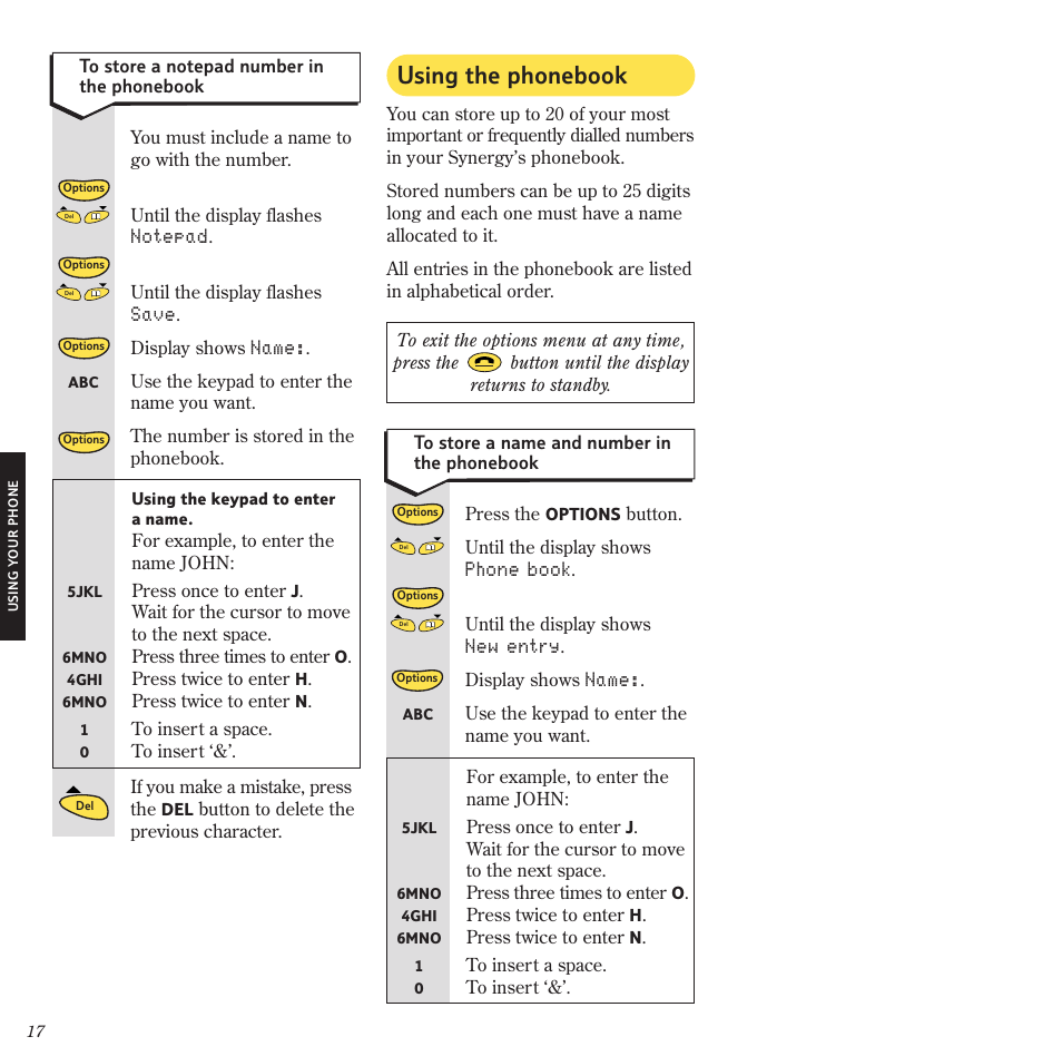Using the phonebook, Phone book, New entry | Name, Save | BT 2120 User Manual | Page 19 / 45