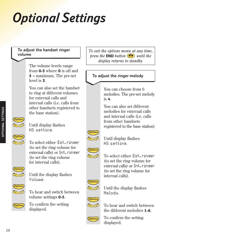 Optional settings, Hs setting, Ext. ringer | Int. ringer, Melody, Volume | BT 2120 User Manual | Page 21 / 45