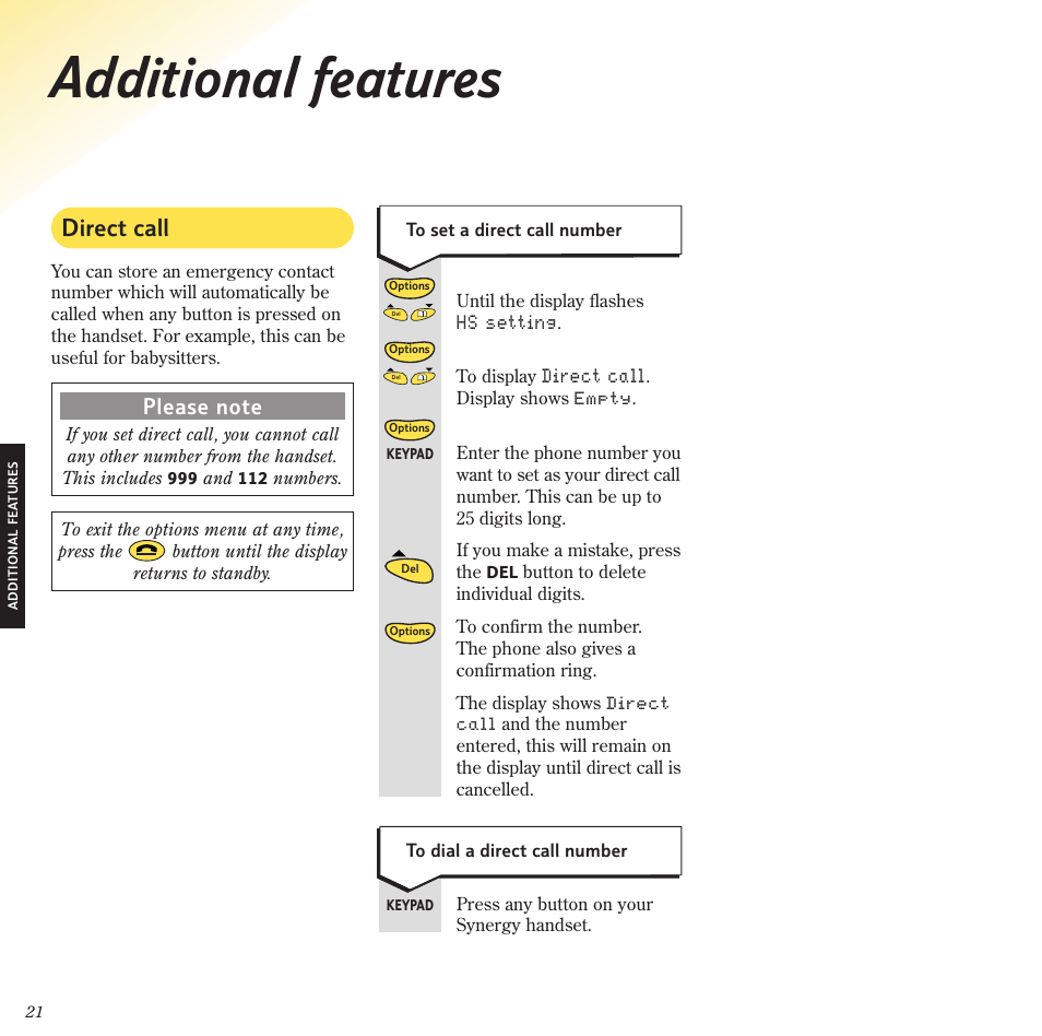 Additional features, Direct call | BT 2120 User Manual | Page 23 / 45