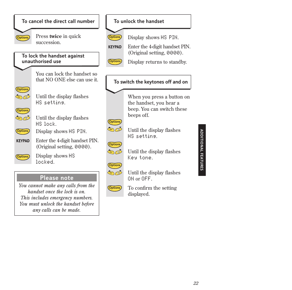 Hs pin, Hs setting, Key tone | Hs lock, Hs locked | BT 2120 User Manual | Page 24 / 45