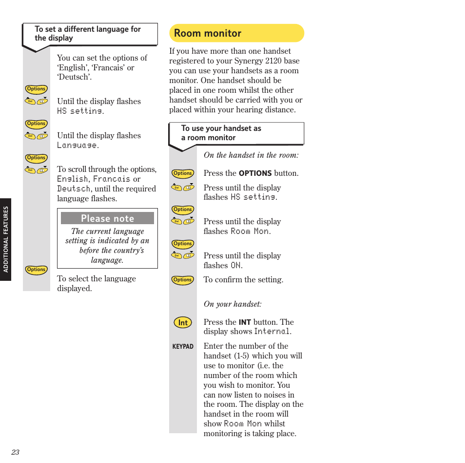Room monitor, Hs setting, Room mon | Internal, Language, English, Francais, Deutsch | BT 2120 User Manual | Page 25 / 45