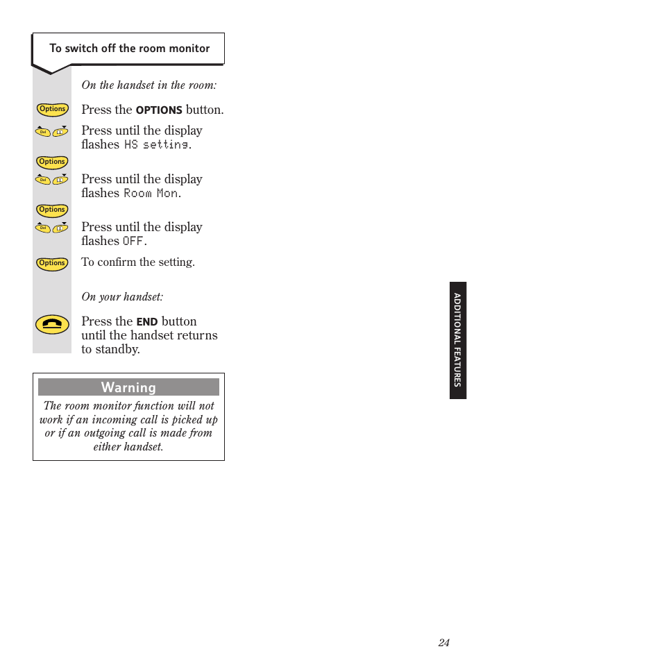 Warning, Press the, Button until the handset returns to standby | BT 2120 User Manual | Page 26 / 45