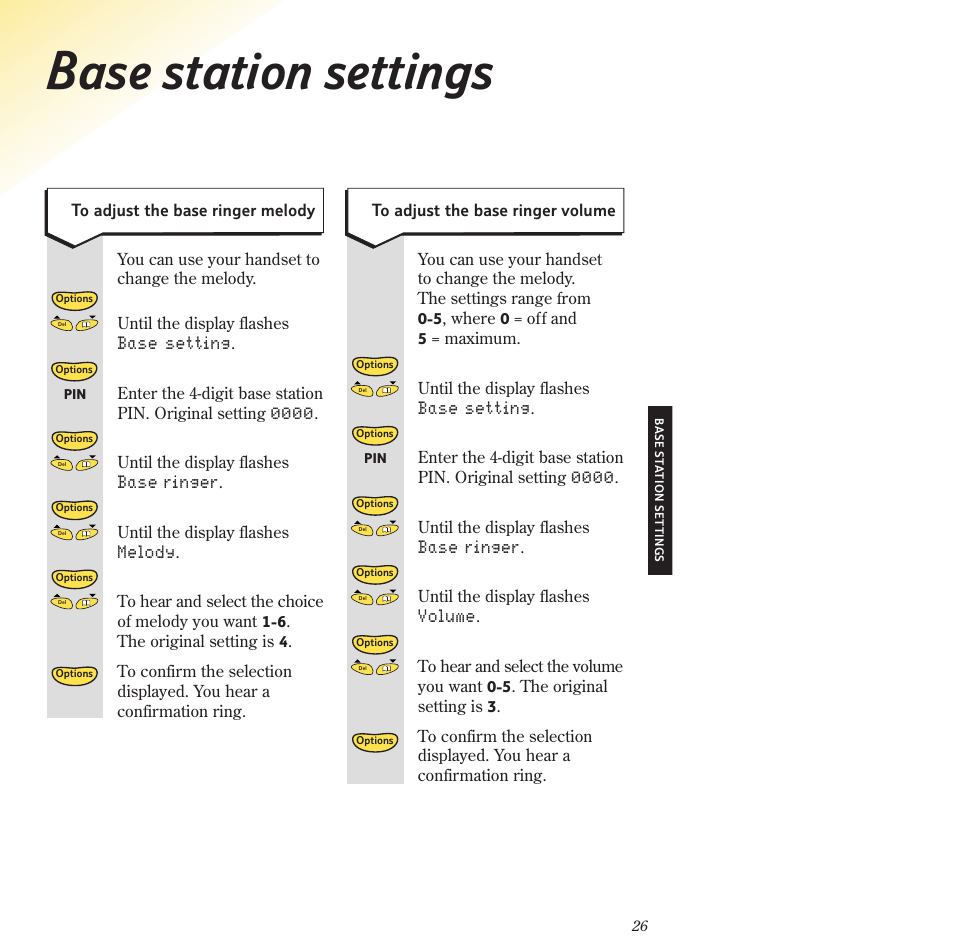Base station settings, Base setting, Base ringer | Melody, Volume | BT 2120 User Manual | Page 28 / 45