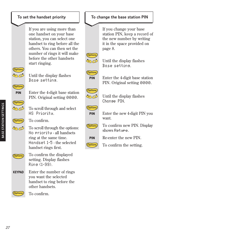 Base setting, Hs priority, No priority | Handset 1-5, Ring (1-99), Change pin | BT 2120 User Manual | Page 29 / 45