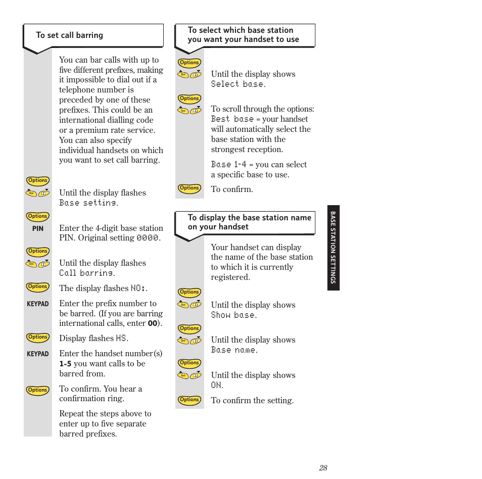 Base setting, Call barring, Select base | Best base, Base 1-4, Show base, Base name | BT 2120 User Manual | Page 30 / 45