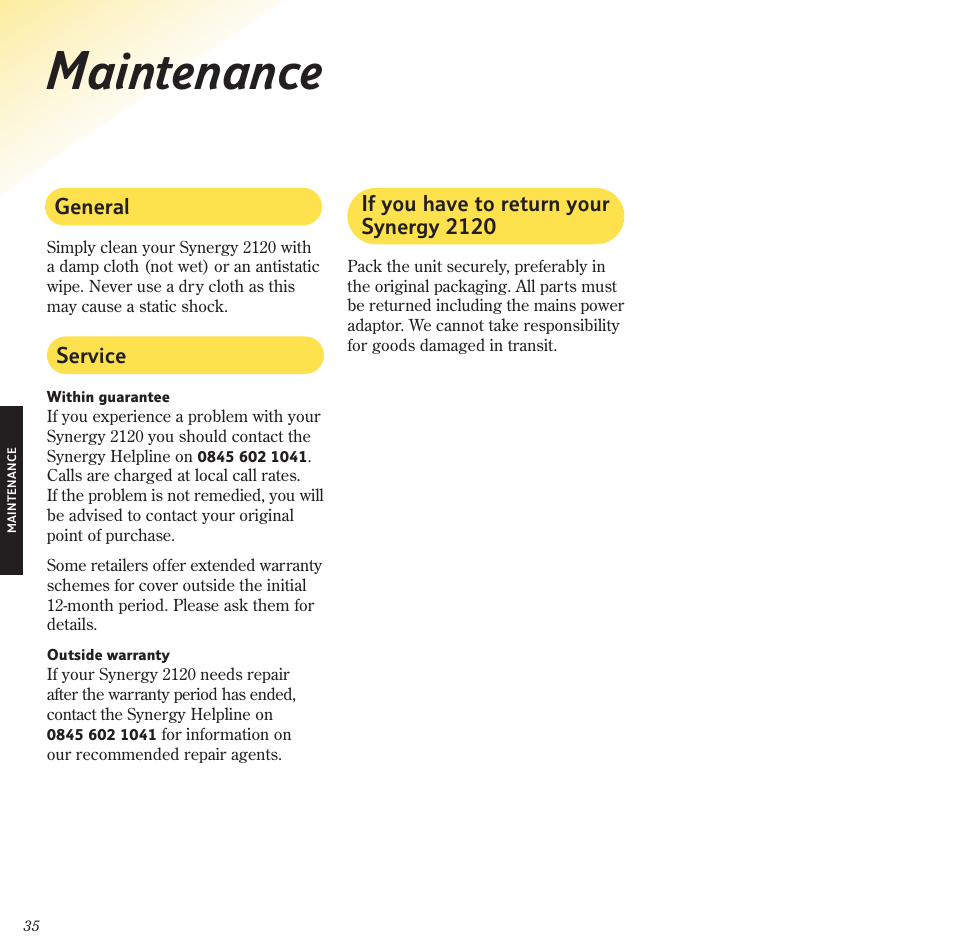 Maintenance | BT 2120 User Manual | Page 37 / 45