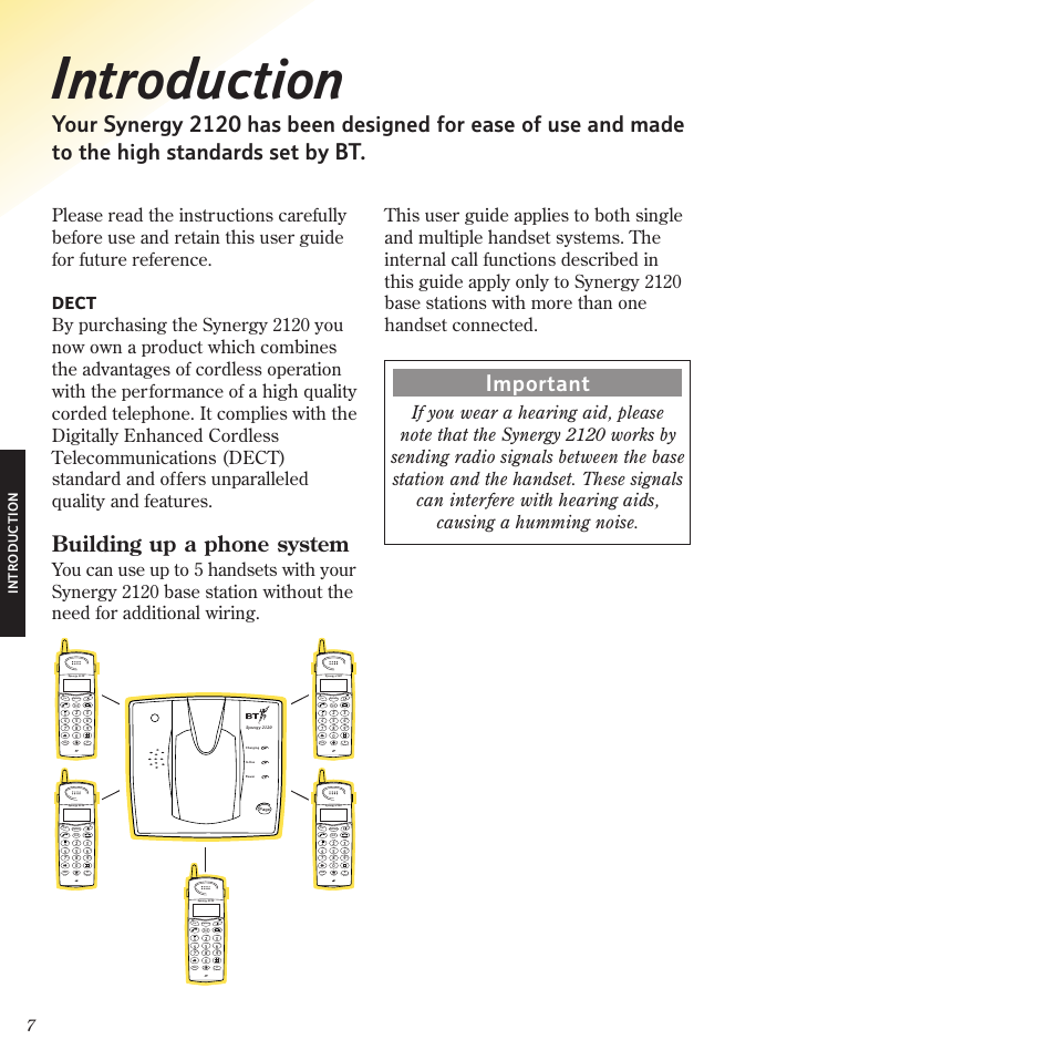 Introduction, Building up a phone system, Dect | Options lnr del | BT 2120 User Manual | Page 9 / 45