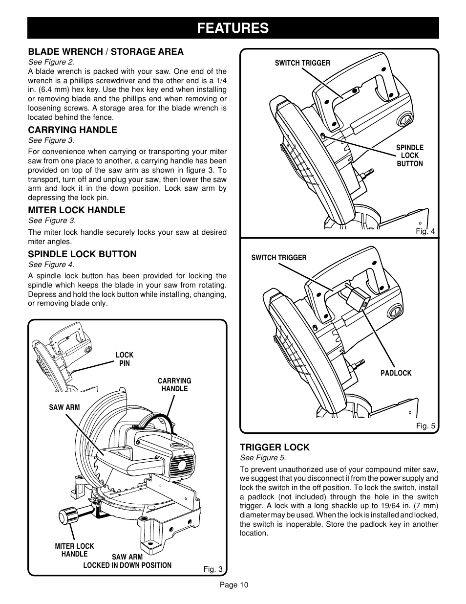 Features | Ryobi TS1340 User Manual | Page 10 / 28