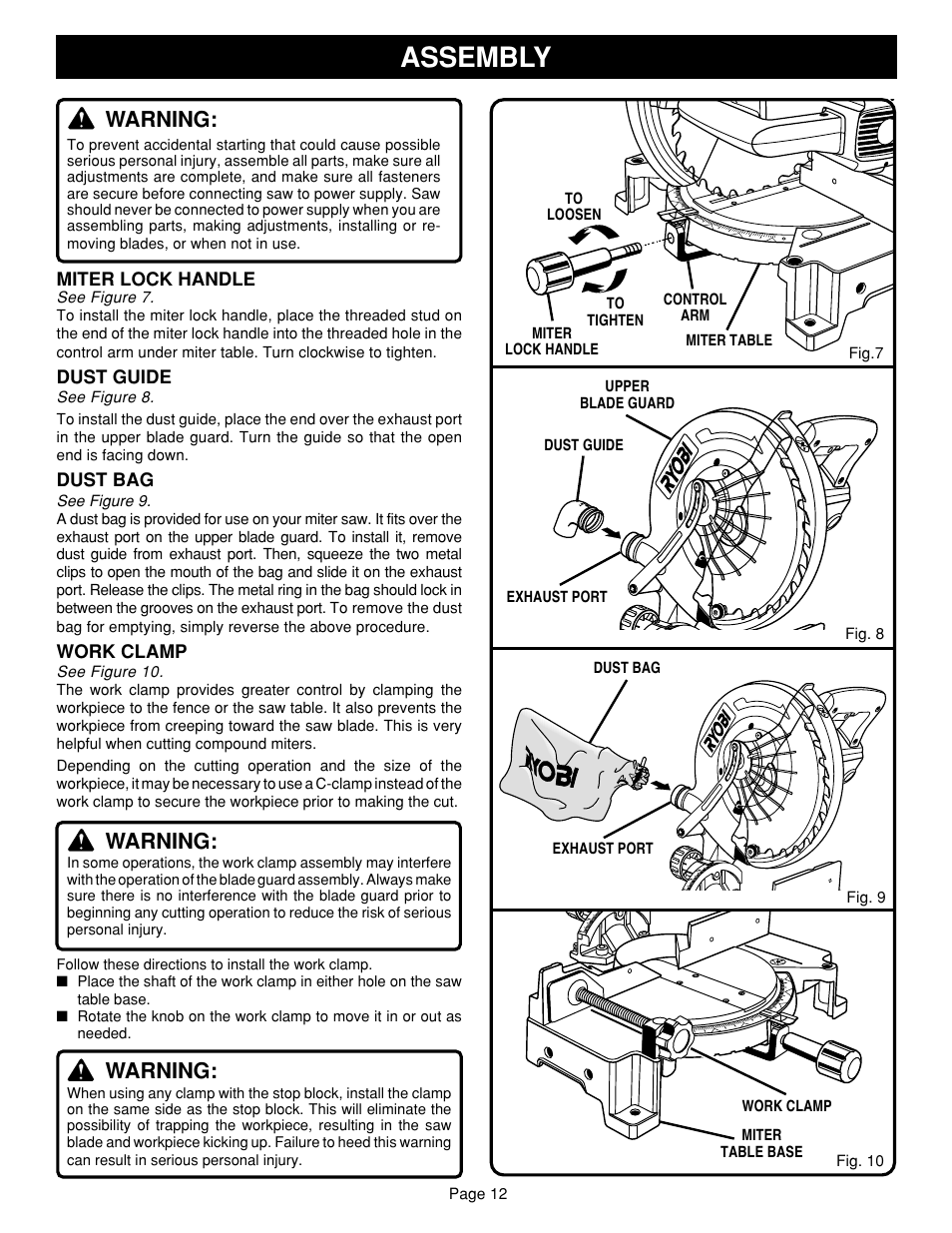 Assembly, Warning | Ryobi TS1340 User Manual | Page 12 / 28