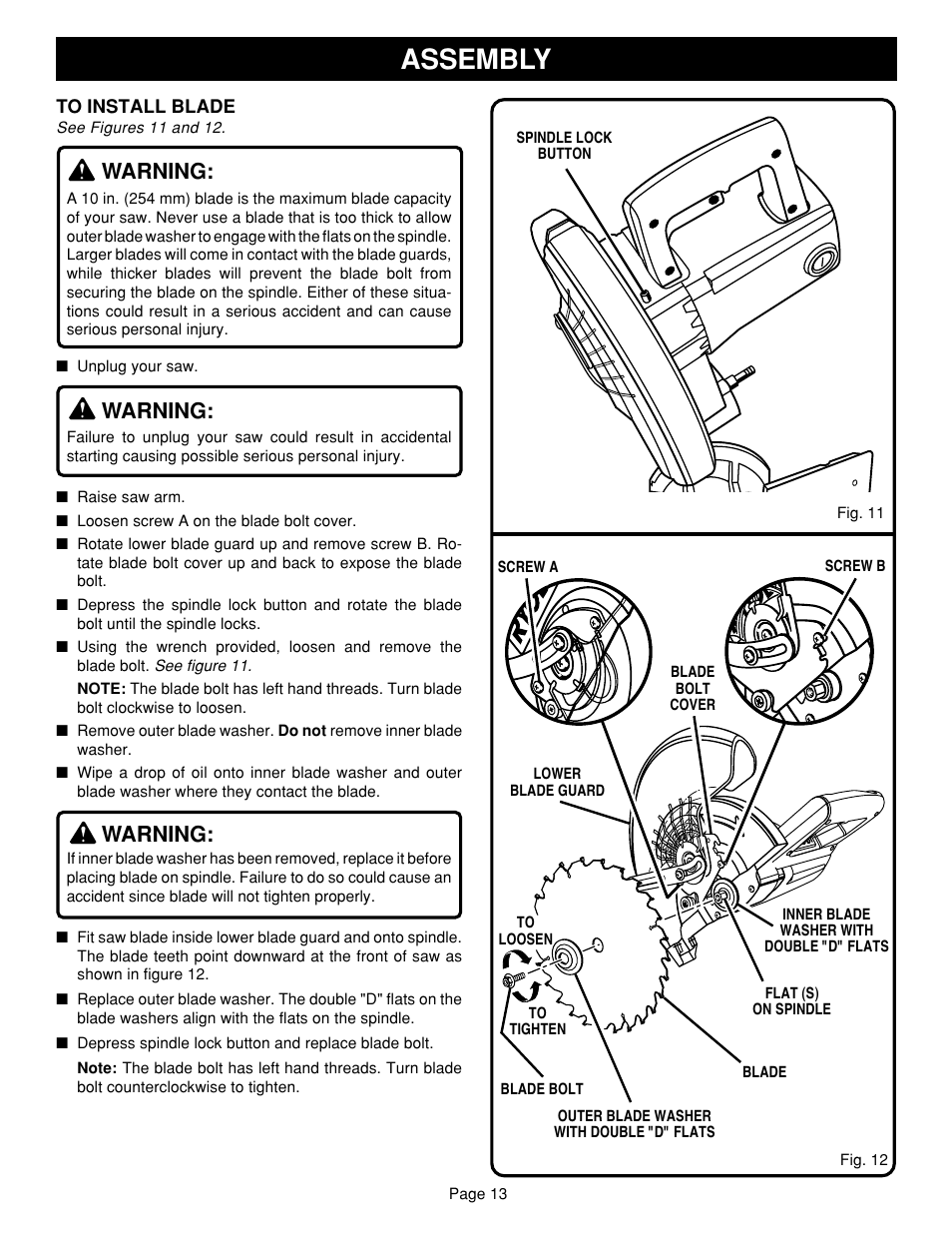 Assembly, Warning | Ryobi TS1340 User Manual | Page 13 / 28