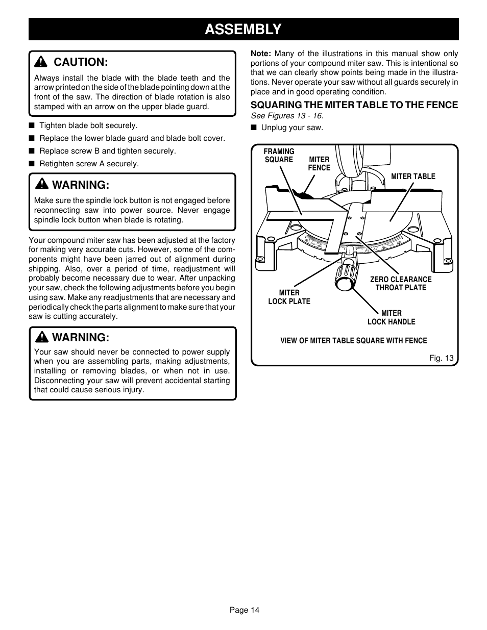 Assembly, Caution, Warning | Squaring the miter table to the fence | Ryobi TS1340 User Manual | Page 14 / 28