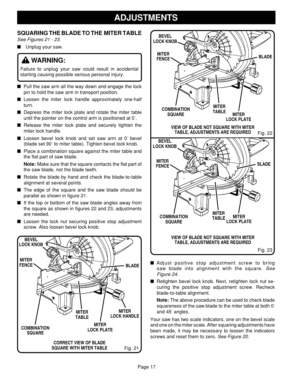 Adjustments, Warning | Ryobi TS1340 User Manual | Page 17 / 28