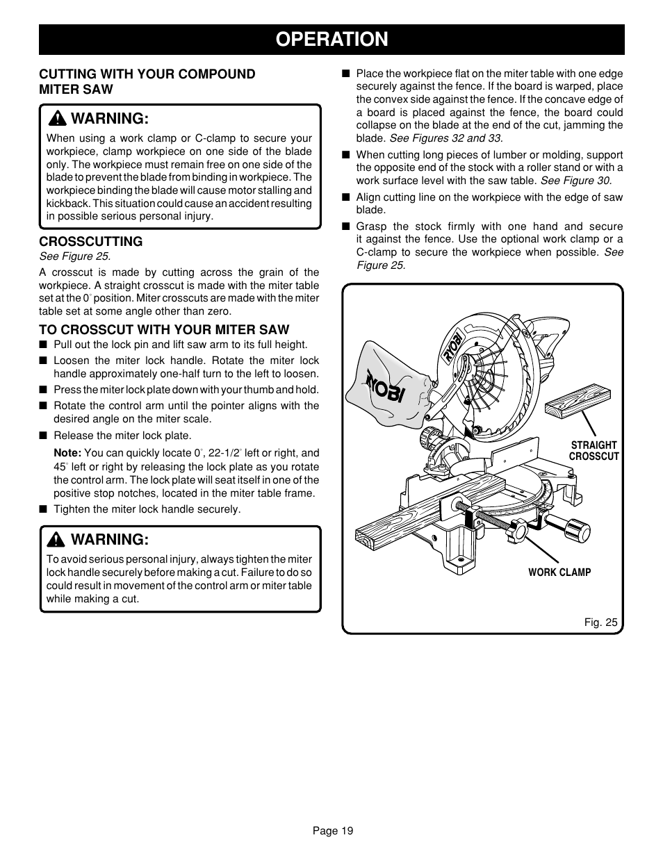 Operation, Warning | Ryobi TS1340 User Manual | Page 19 / 28