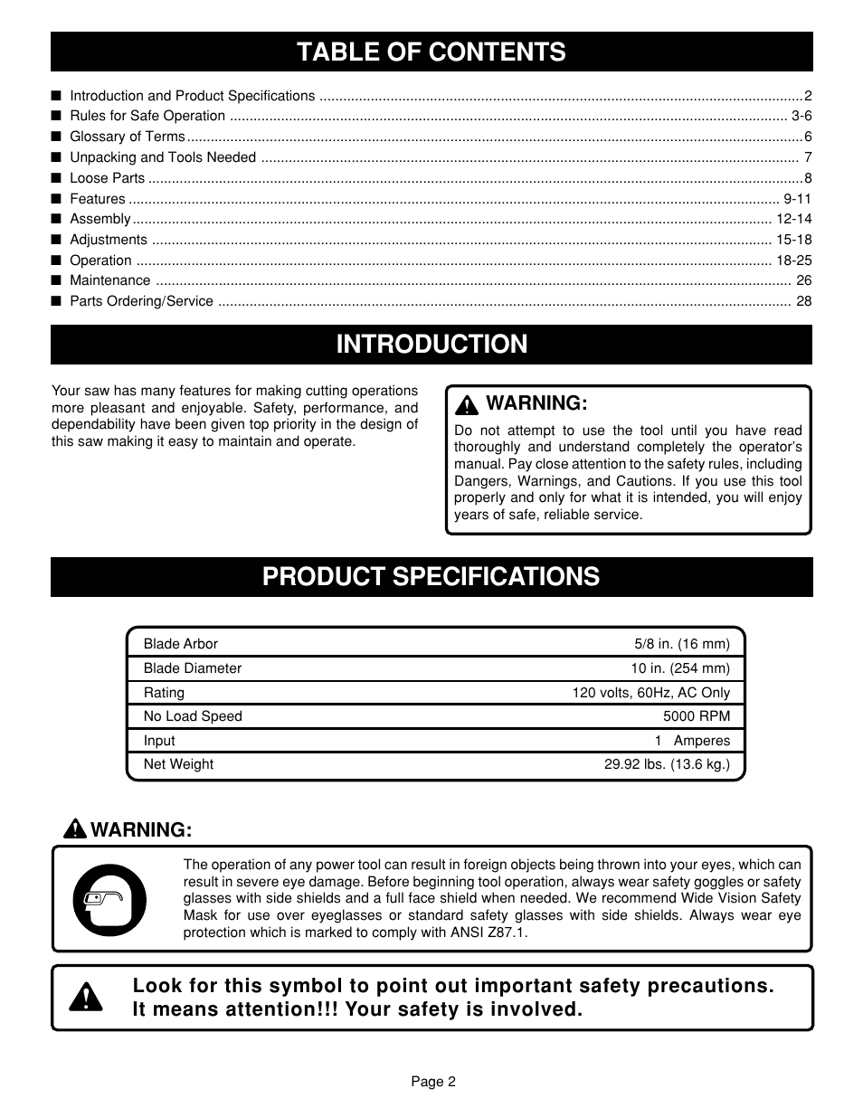 Table of contents product specifications, Introduction, Warning | Ryobi TS1340 User Manual | Page 2 / 28