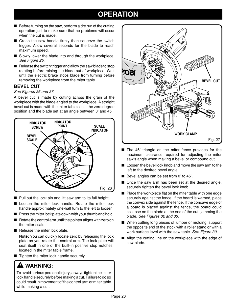 Operation, Warning | Ryobi TS1340 User Manual | Page 20 / 28