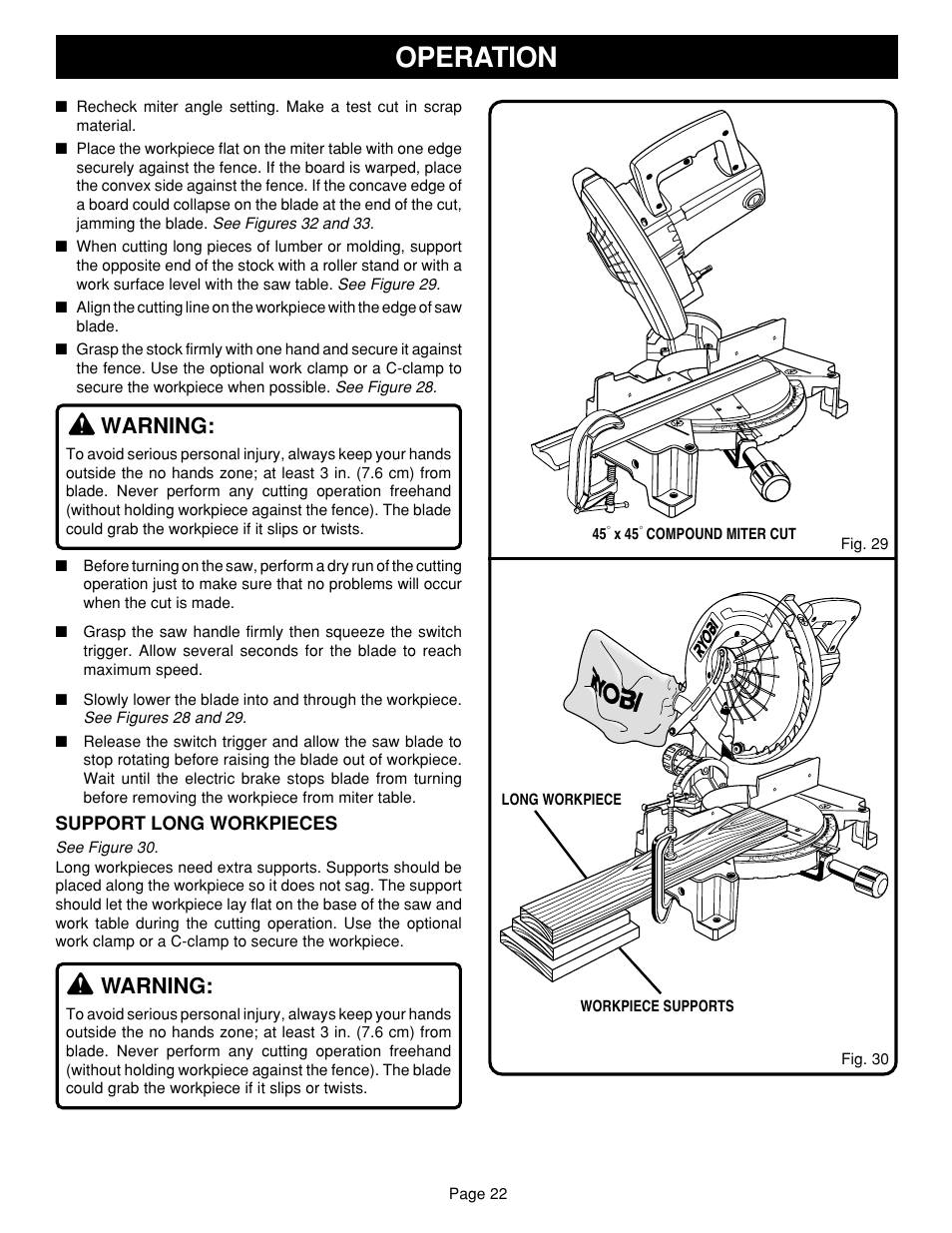 Operation, Warning | Ryobi TS1340 User Manual | Page 22 / 28