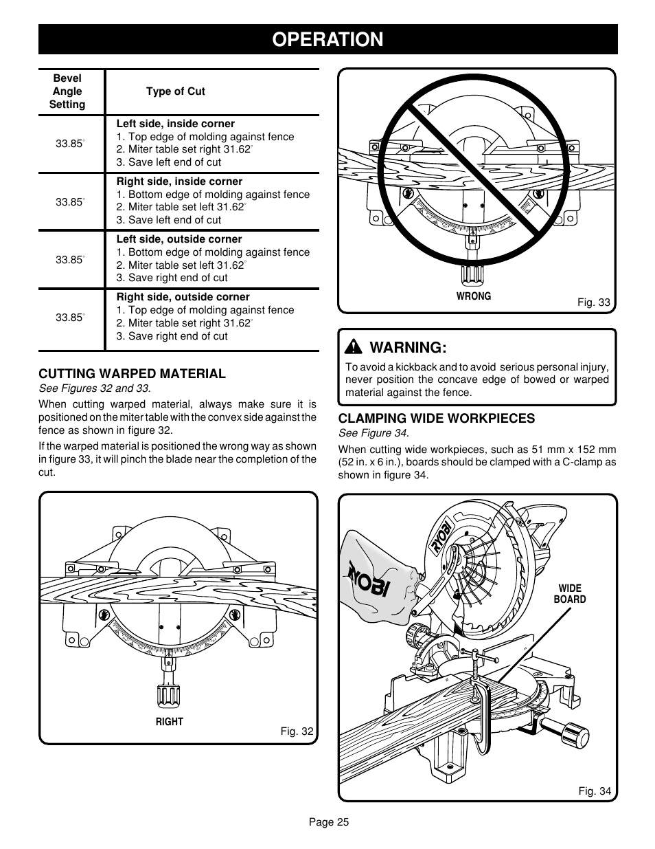 Operation, Warning, Clamping wide workpieces | Cutting warped material, Page 25, Wrong, Save right end of cut 33.85, Fig. 34, Fig. 33 | Ryobi TS1340 User Manual | Page 25 / 28