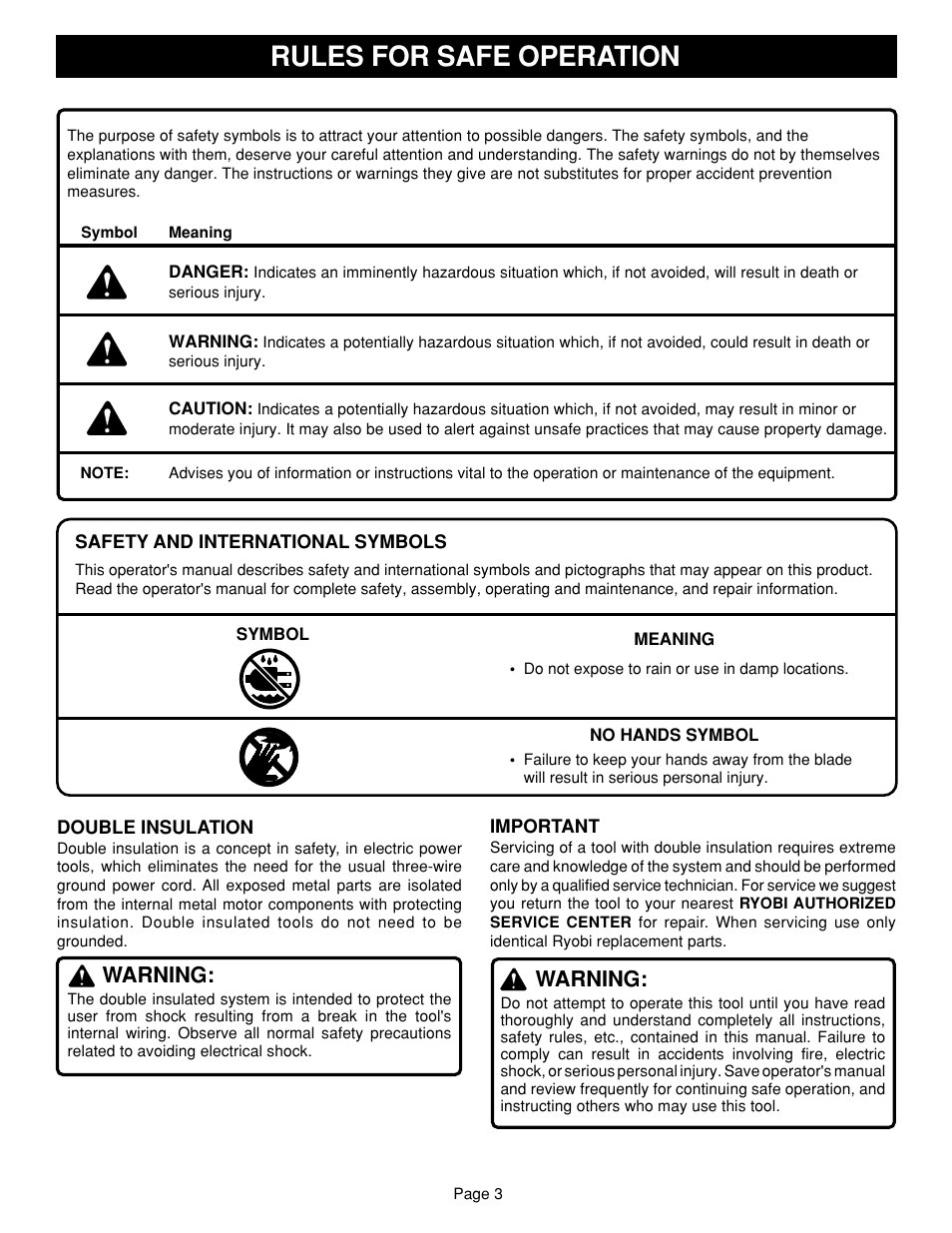 Rules for safe operation, Warning | Ryobi TS1340 User Manual | Page 3 / 28