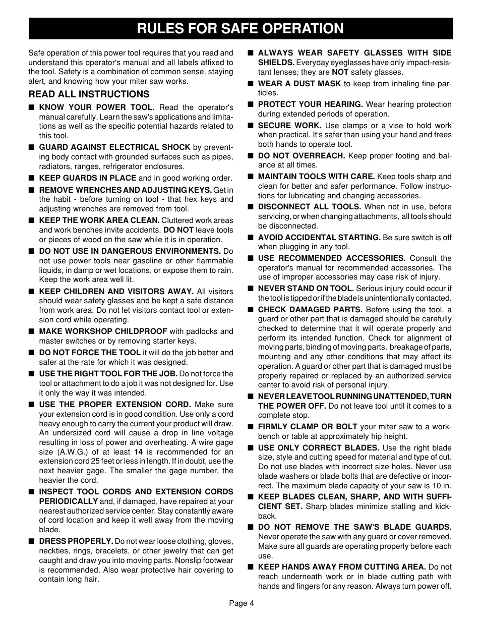 Rules for safe operation | Ryobi TS1340 User Manual | Page 4 / 28