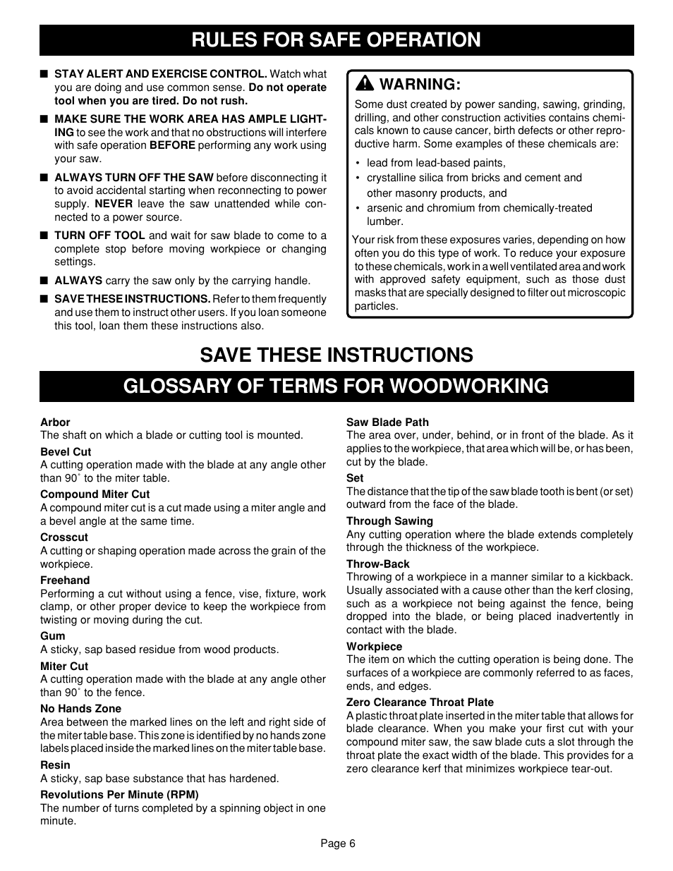 Save these instructions rules for safe operation, Glossary of terms for woodworking, Warning | Ryobi TS1340 User Manual | Page 6 / 28