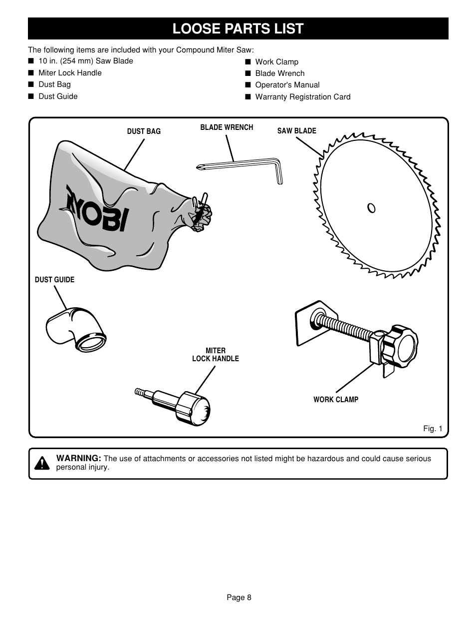 Loose parts list | Ryobi TS1340 User Manual | Page 8 / 28