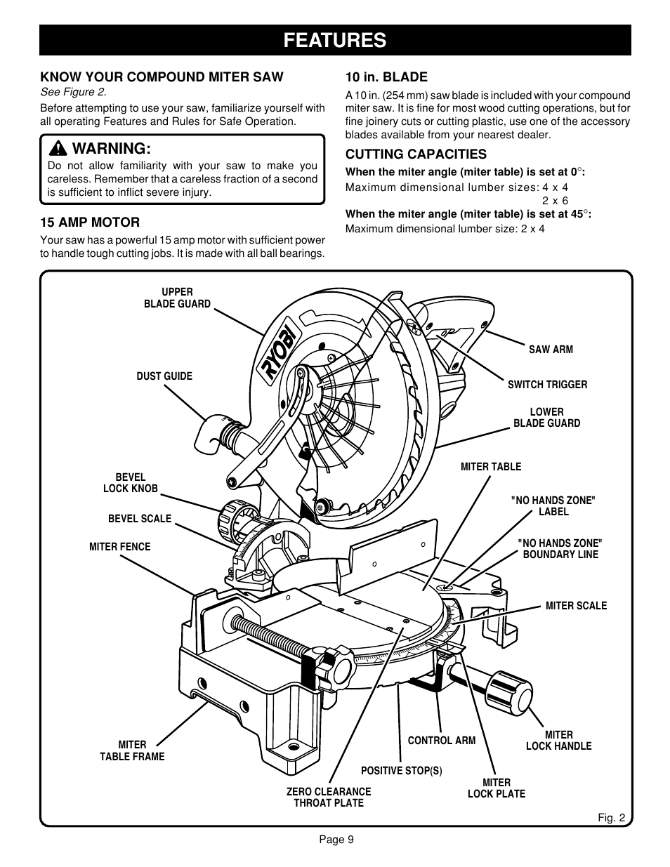 Features, Warning | Ryobi TS1340 User Manual | Page 9 / 28