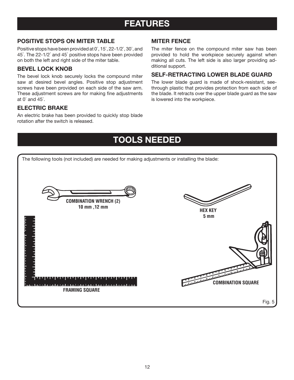 Features, Tools needed | Ryobi TS1342 User Manual | Page 12 / 30