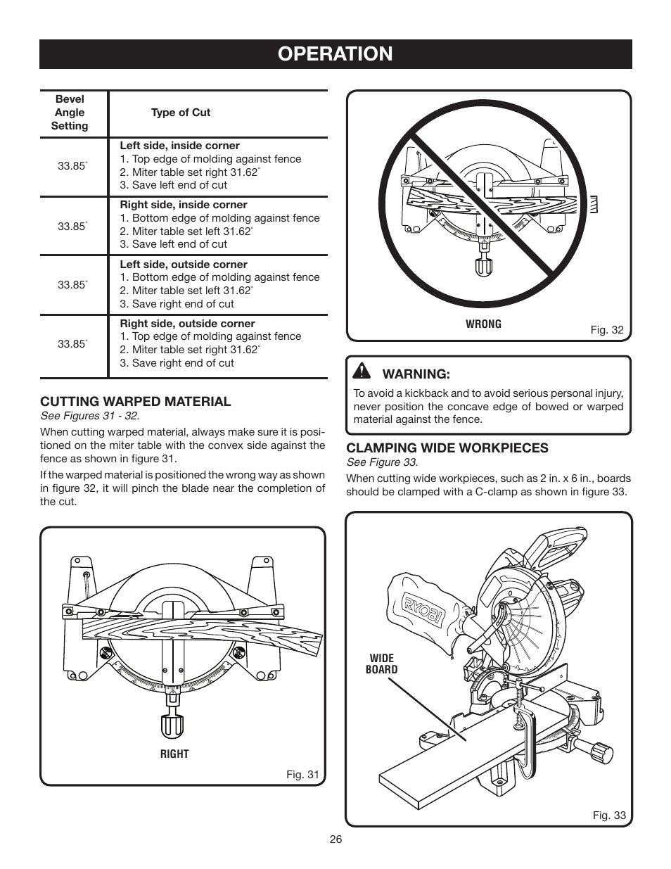 Operation, Warning, Clamping wide workpieces | Cutting warped material | Ryobi TS1342 User Manual | Page 26 / 30