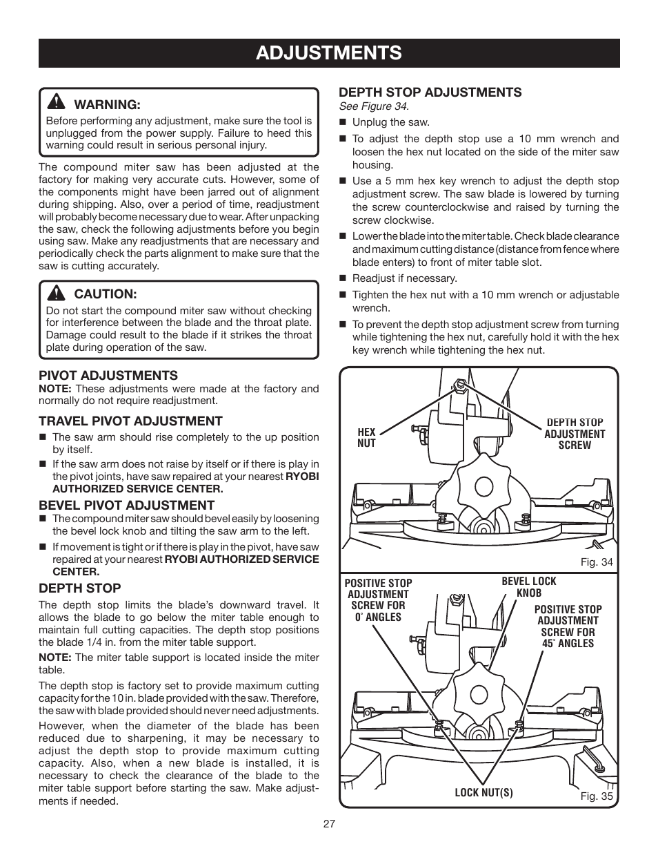 Adjustments | Ryobi TS1342 User Manual | Page 27 / 30