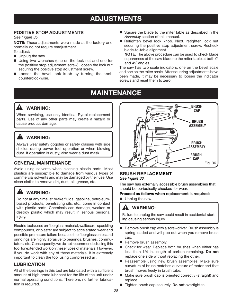Maintenance, Adjustments | Ryobi TS1342 User Manual | Page 28 / 30