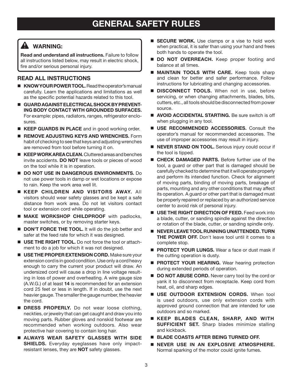General safety rules | Ryobi TS1342 User Manual | Page 3 / 30