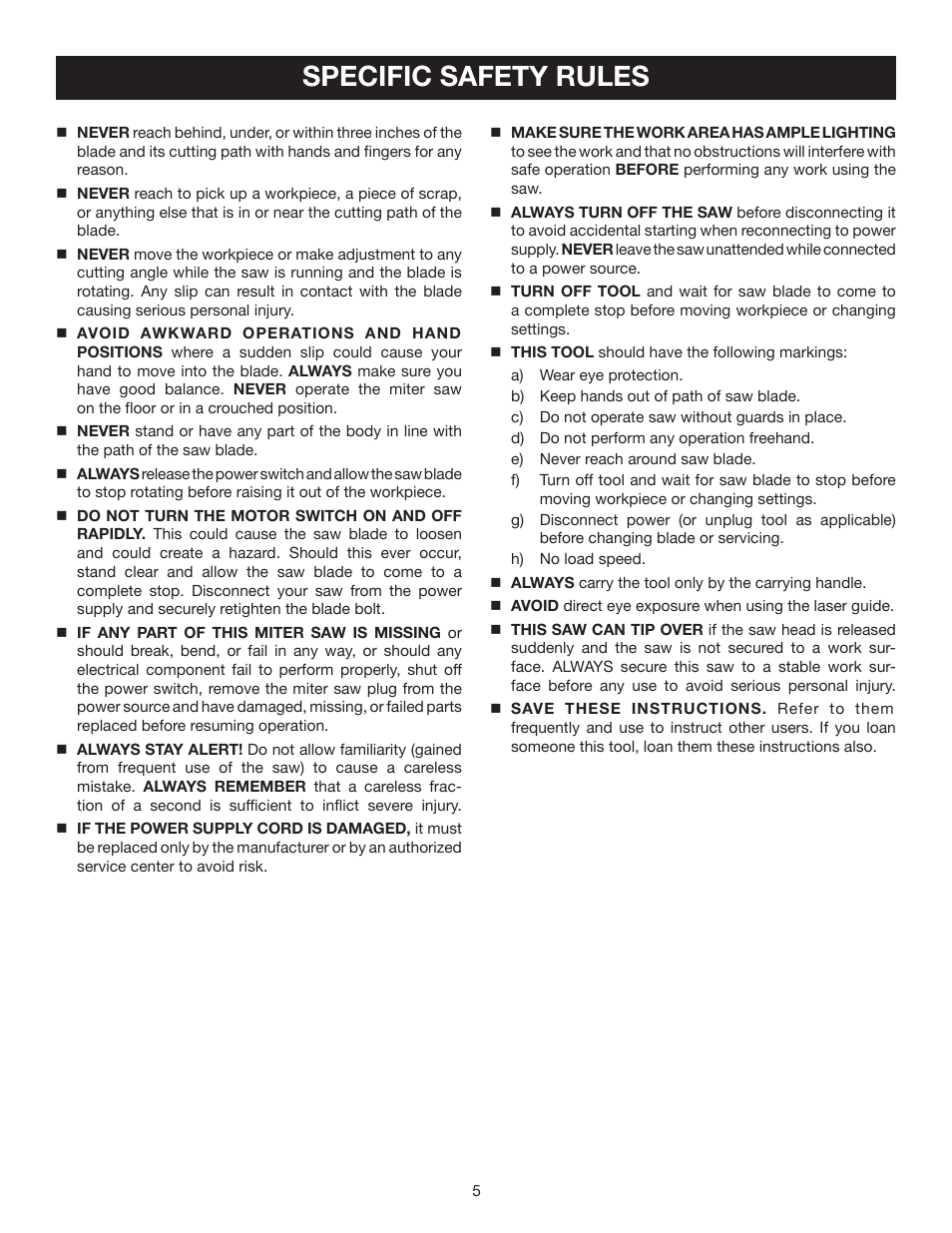 Specific safety rules | Ryobi TS1342 User Manual | Page 5 / 30