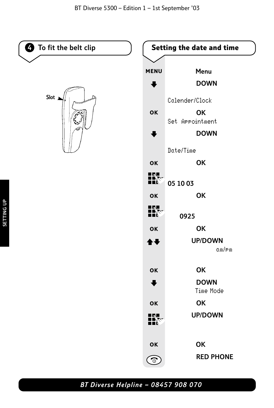 Setting the date and time, 4to fit the belt clip | BT 5300 User Manual | Page 16 / 54