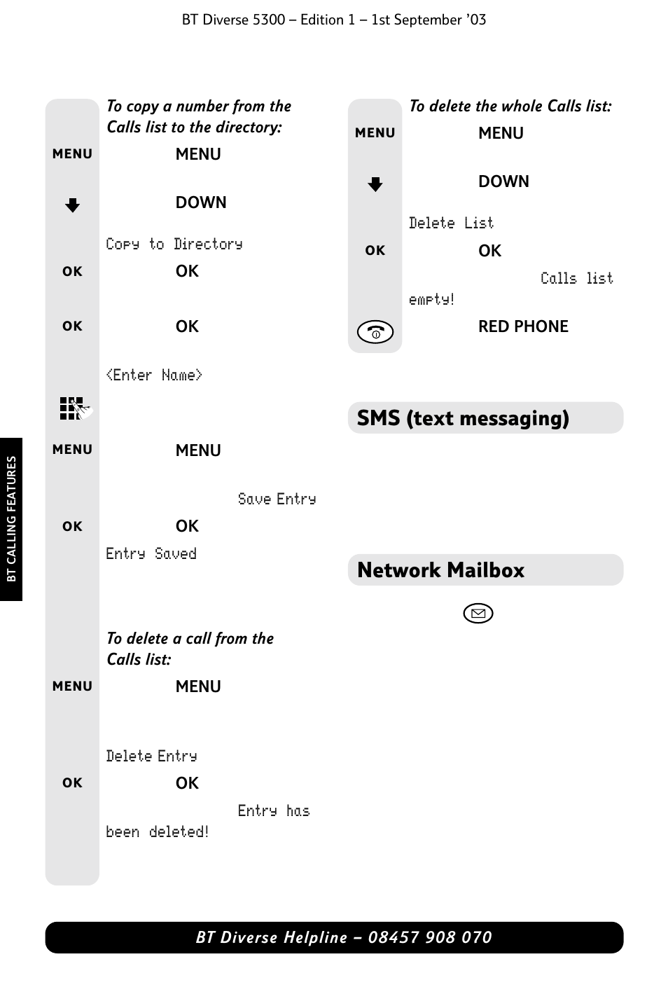 Sms (text messaging), Network mailbox | BT 5300 User Manual | Page 30 / 54