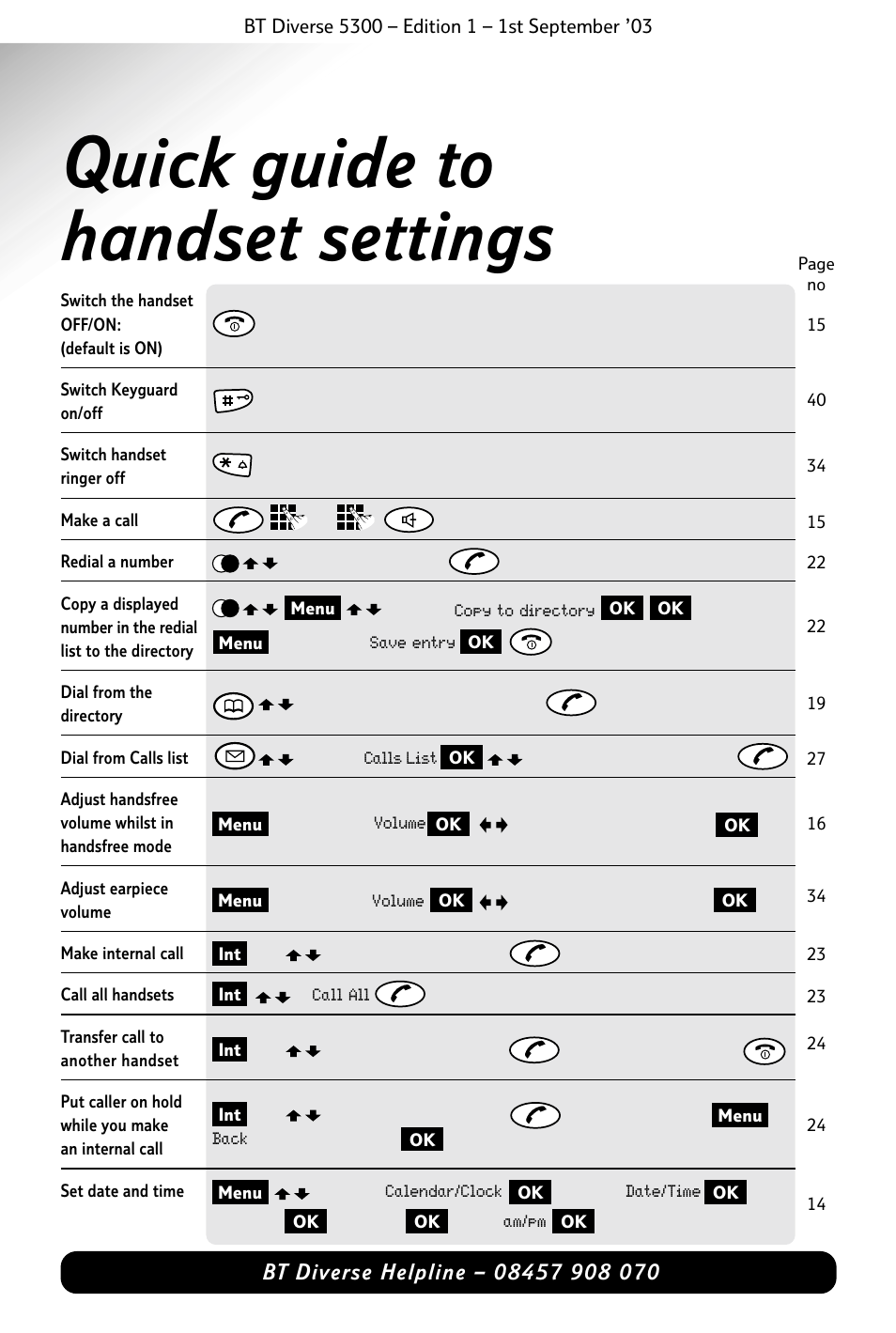 Quick guide to handset settings | BT 5300 User Manual | Page 8 / 54