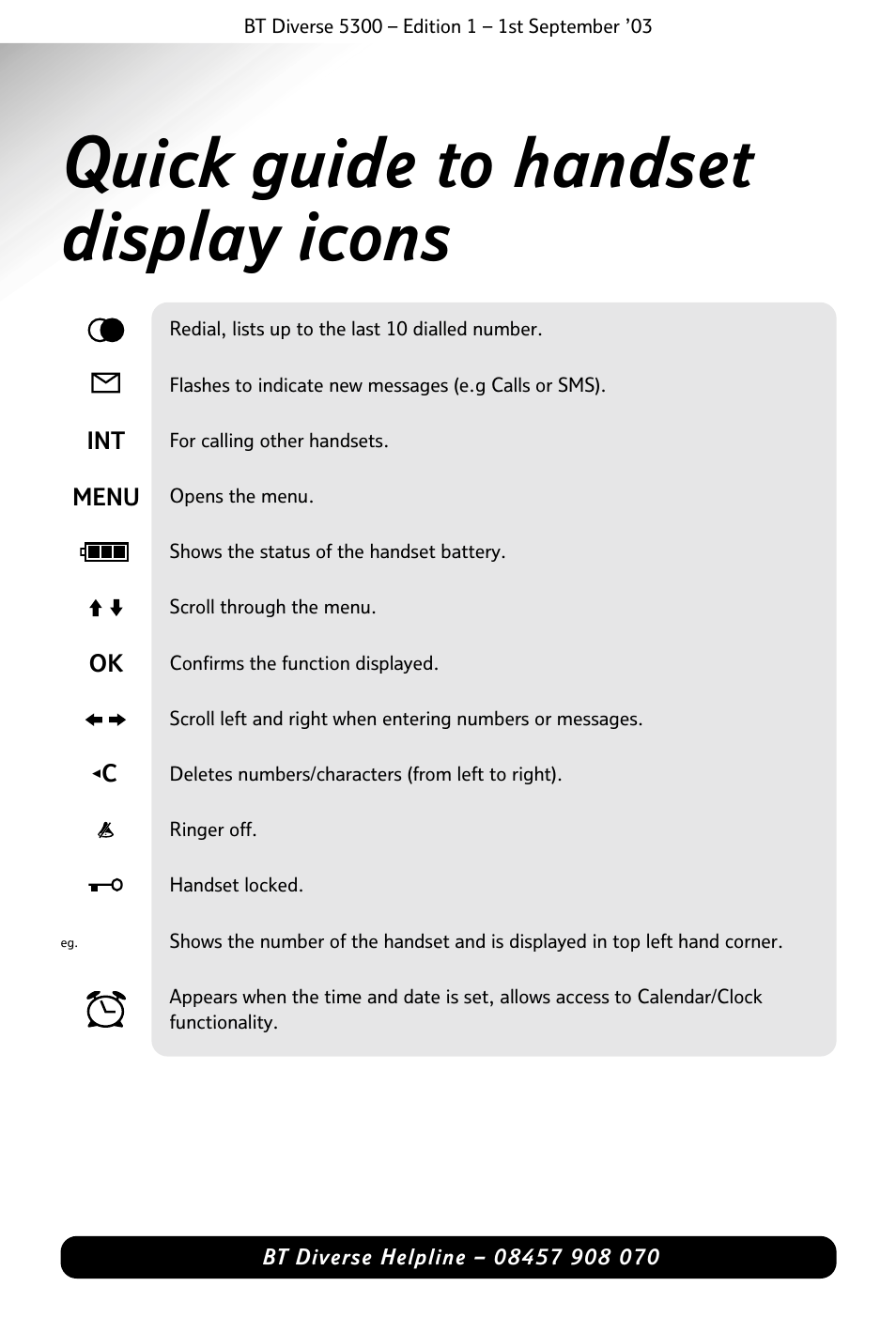 Quick guide to handset display icons | BT 5300 User Manual | Page 9 / 54