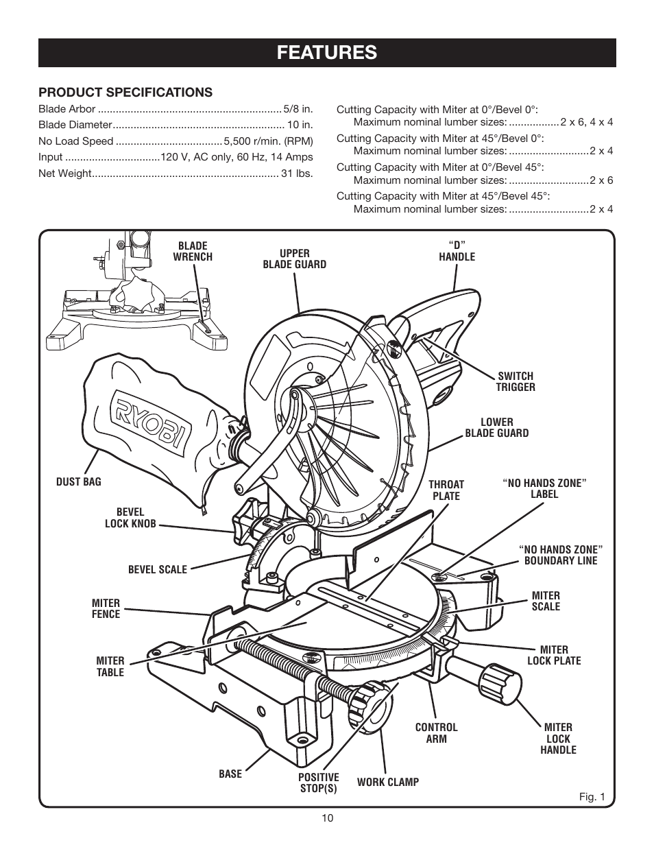 Features | Ryobi TS1342L User Manual | Page 10 / 32