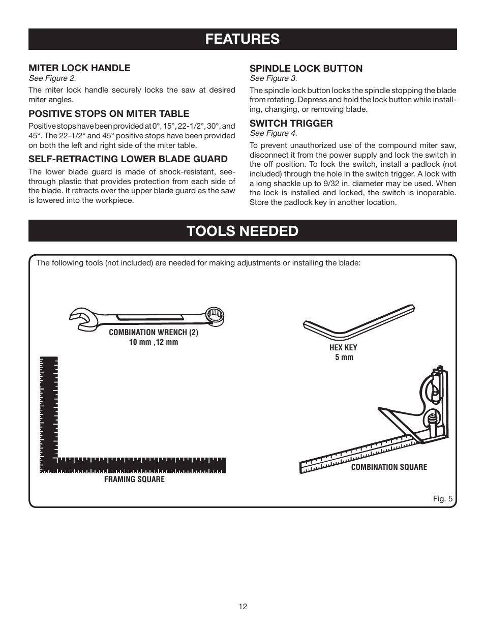Features, Tools needed | Ryobi TS1342L User Manual | Page 12 / 32