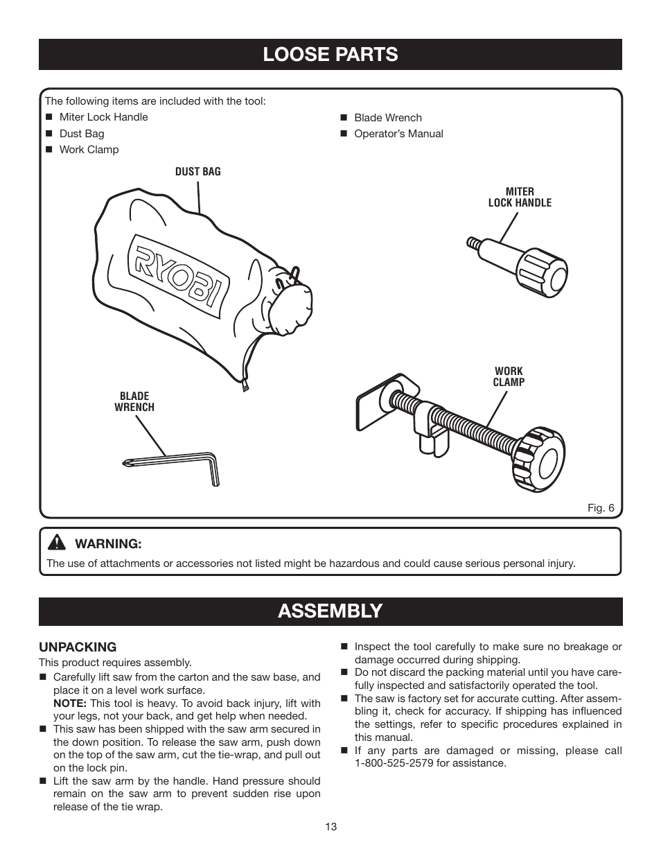 Loose parts, Assembly | Ryobi TS1342L User Manual | Page 13 / 32