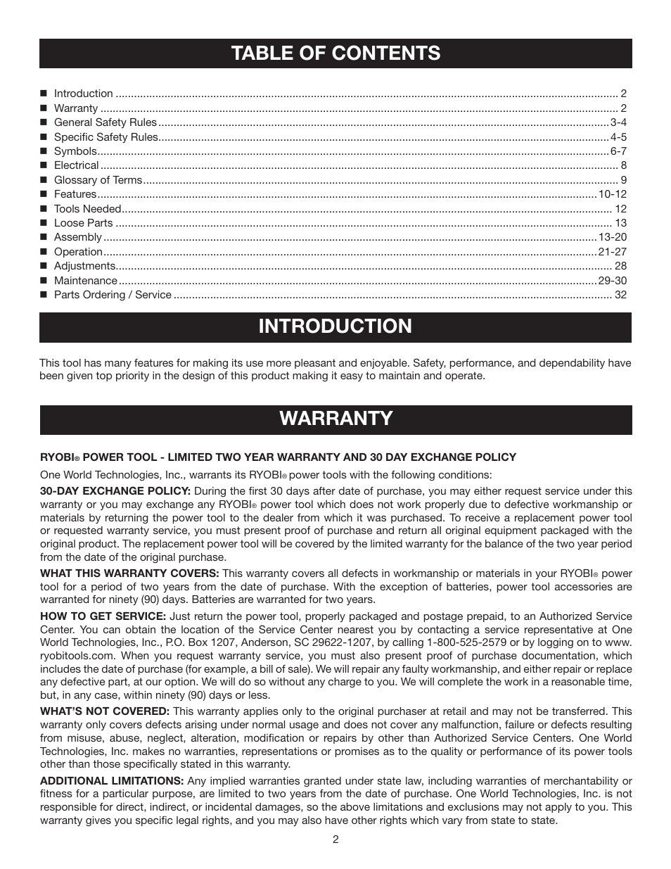 Table of contents introduction, Warranty | Ryobi TS1342L User Manual | Page 2 / 32