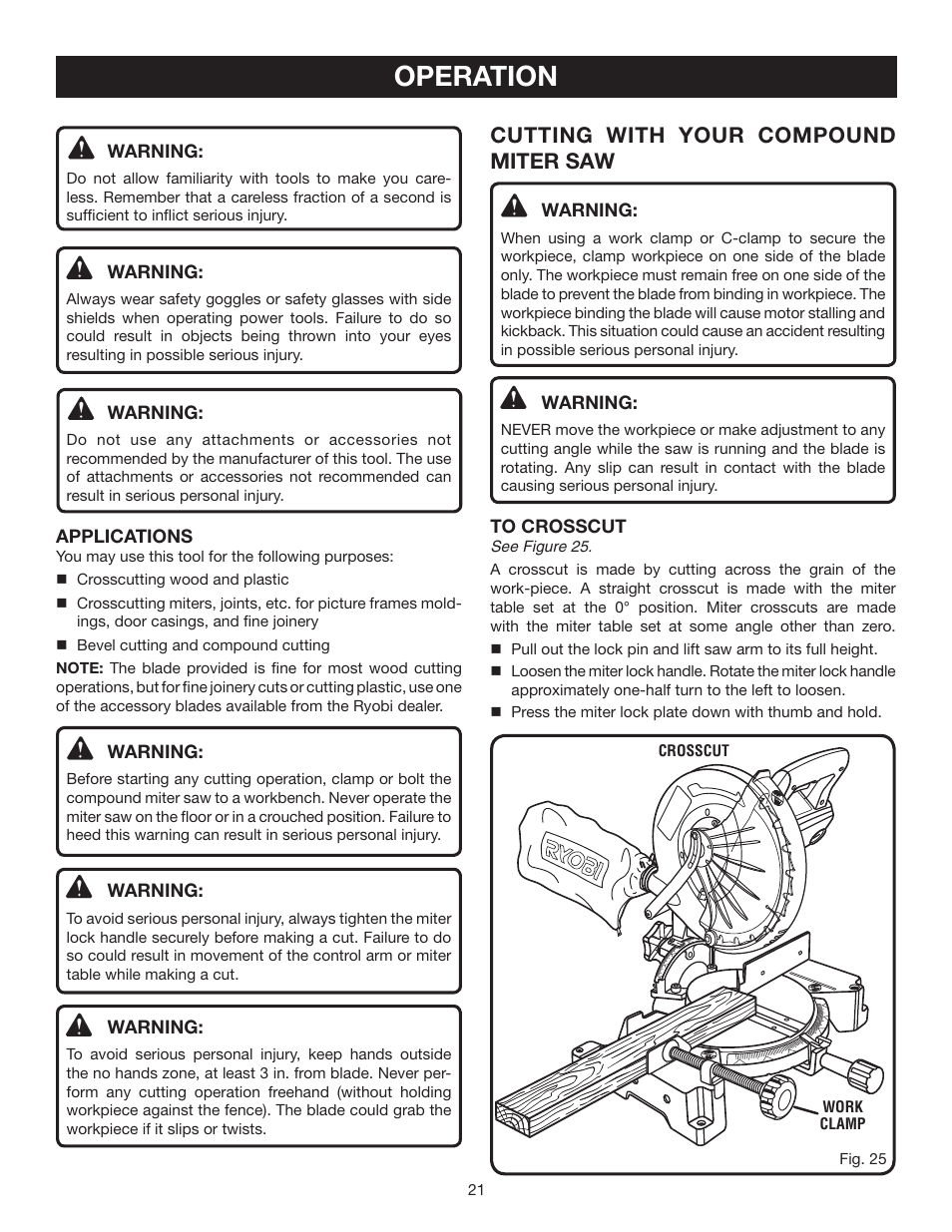 Operation, Cutting with your compound miter saw | Ryobi TS1342L User Manual | Page 21 / 32