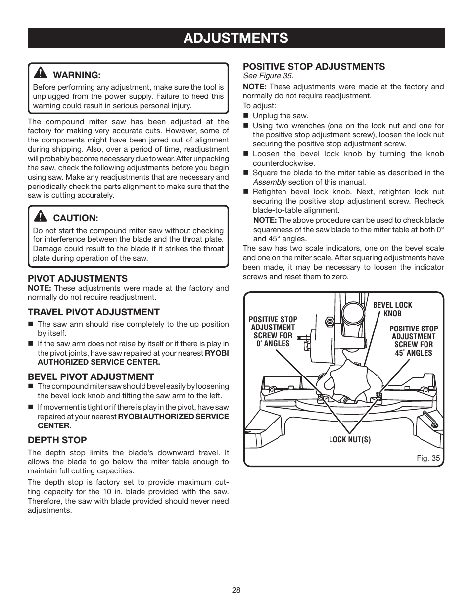 Adjustments | Ryobi TS1342L User Manual | Page 28 / 32