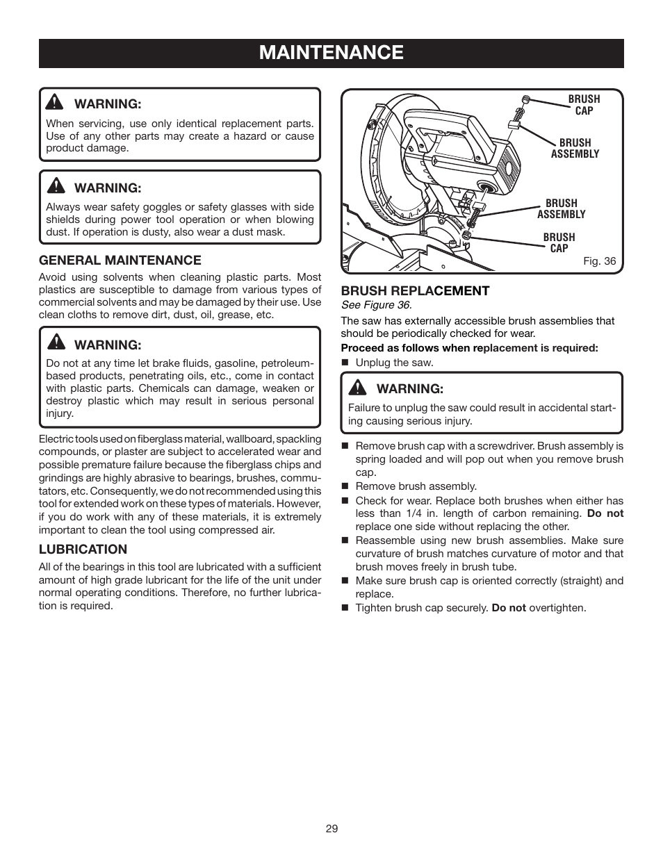 Maintenance | Ryobi TS1342L User Manual | Page 29 / 32