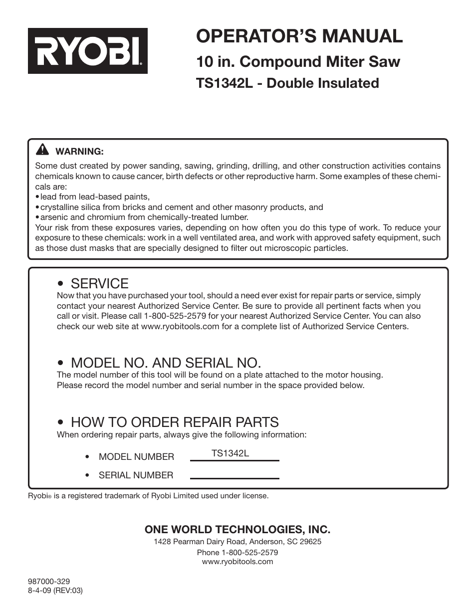 Operator’s manual, 10 in. compound miter saw, Service | Model no. and serial no, How to order repair parts, Ts1342l - double insulated | Ryobi TS1342L User Manual | Page 32 / 32