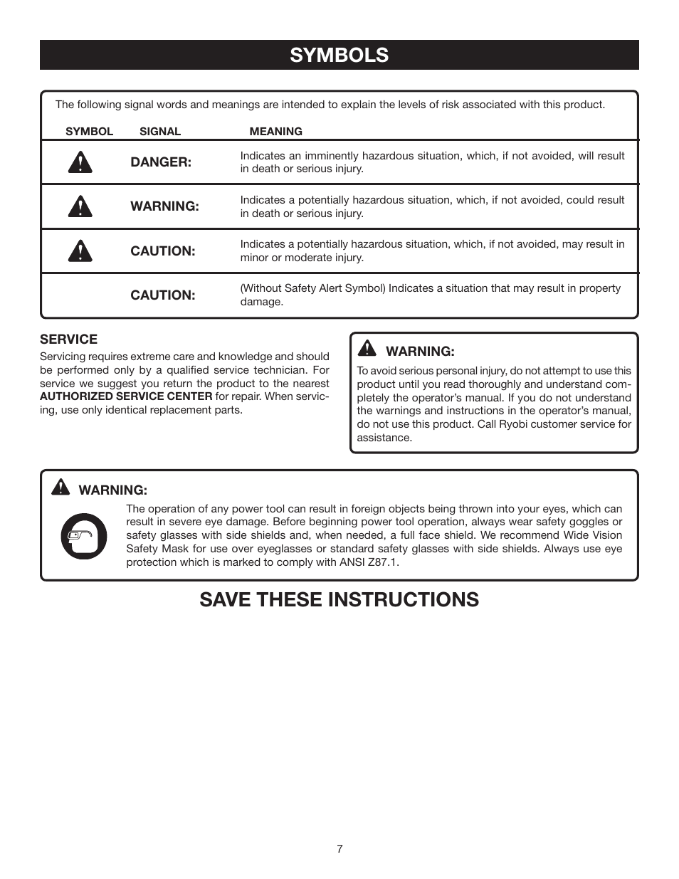Symbols, Save these instructions | Ryobi TS1342L User Manual | Page 7 / 32