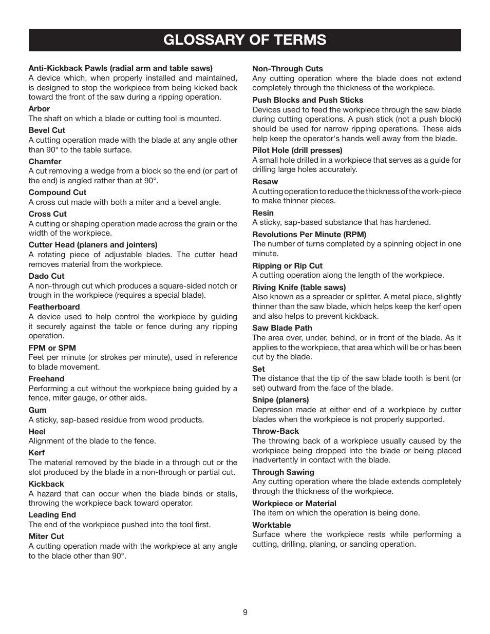 Glossary of terms | Ryobi TS1342L User Manual | Page 9 / 32