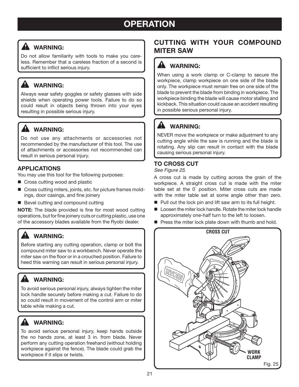 Operation, Cutting with your compound miter saw | Ryobi TS1342LBF User Manual | Page 21 / 32