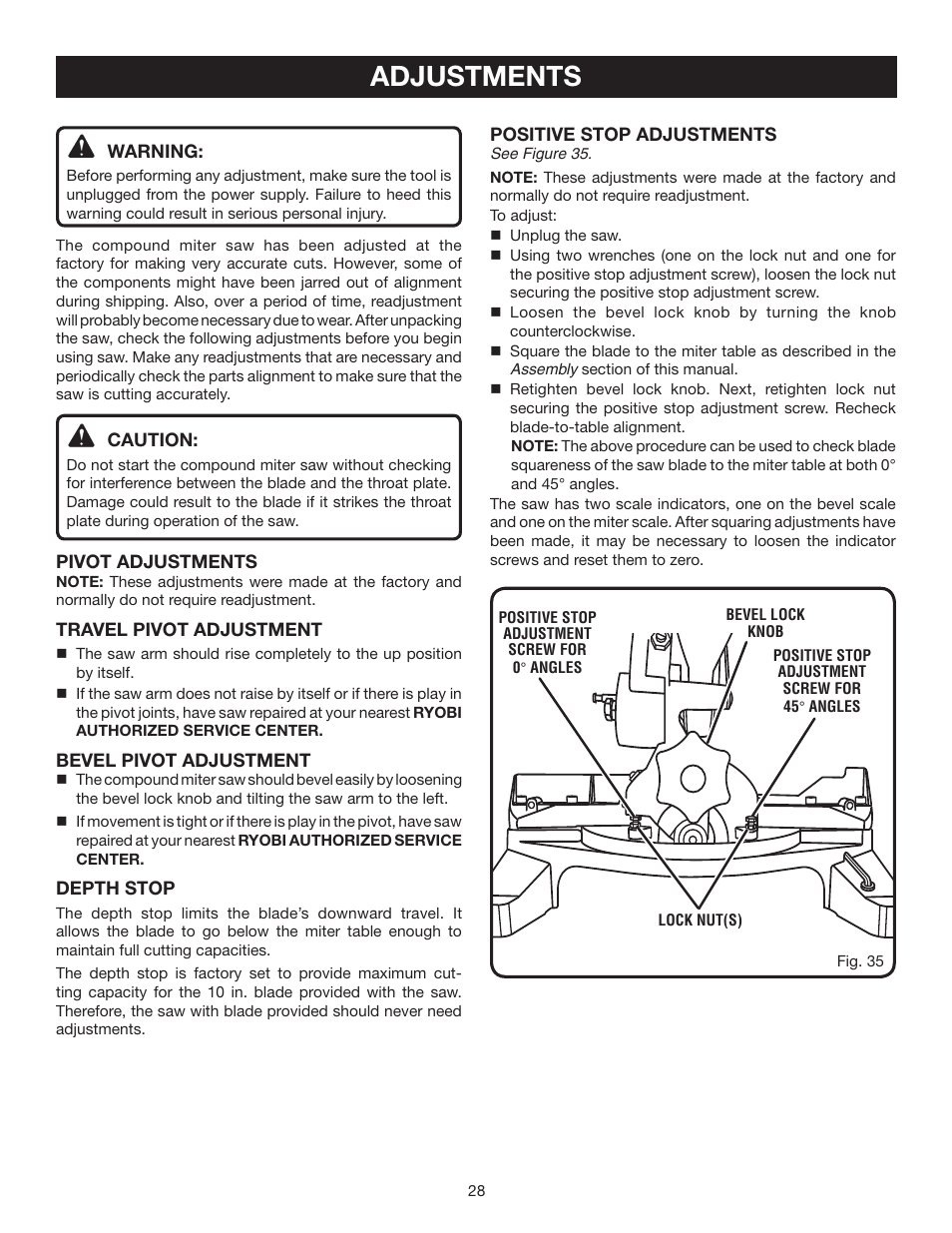 Adjustments | Ryobi TS1342LBF User Manual | Page 28 / 32